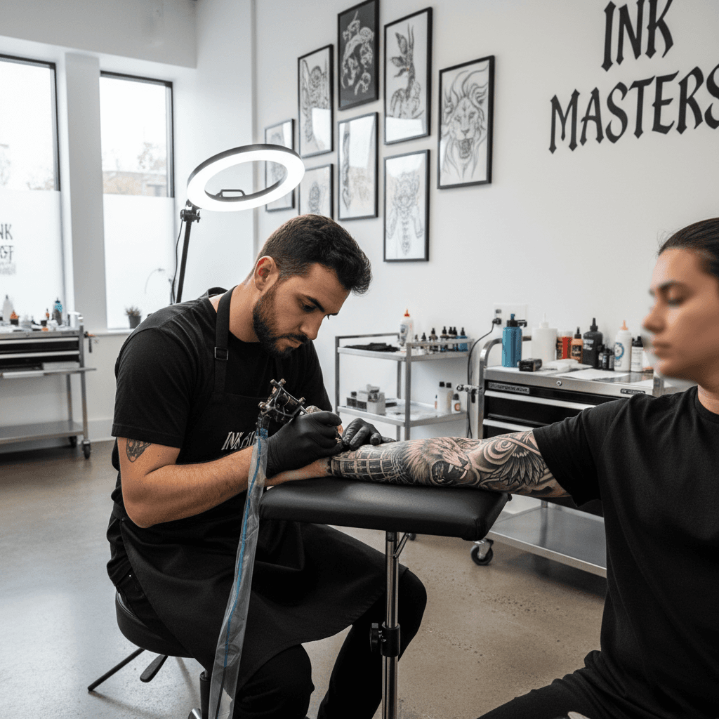 Custom black and grey tattoo design in progress