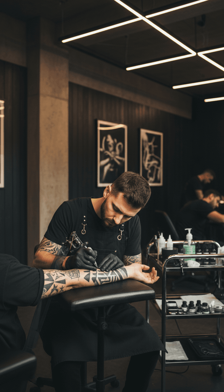 Tattoo artist creating custom design on client in professional studio