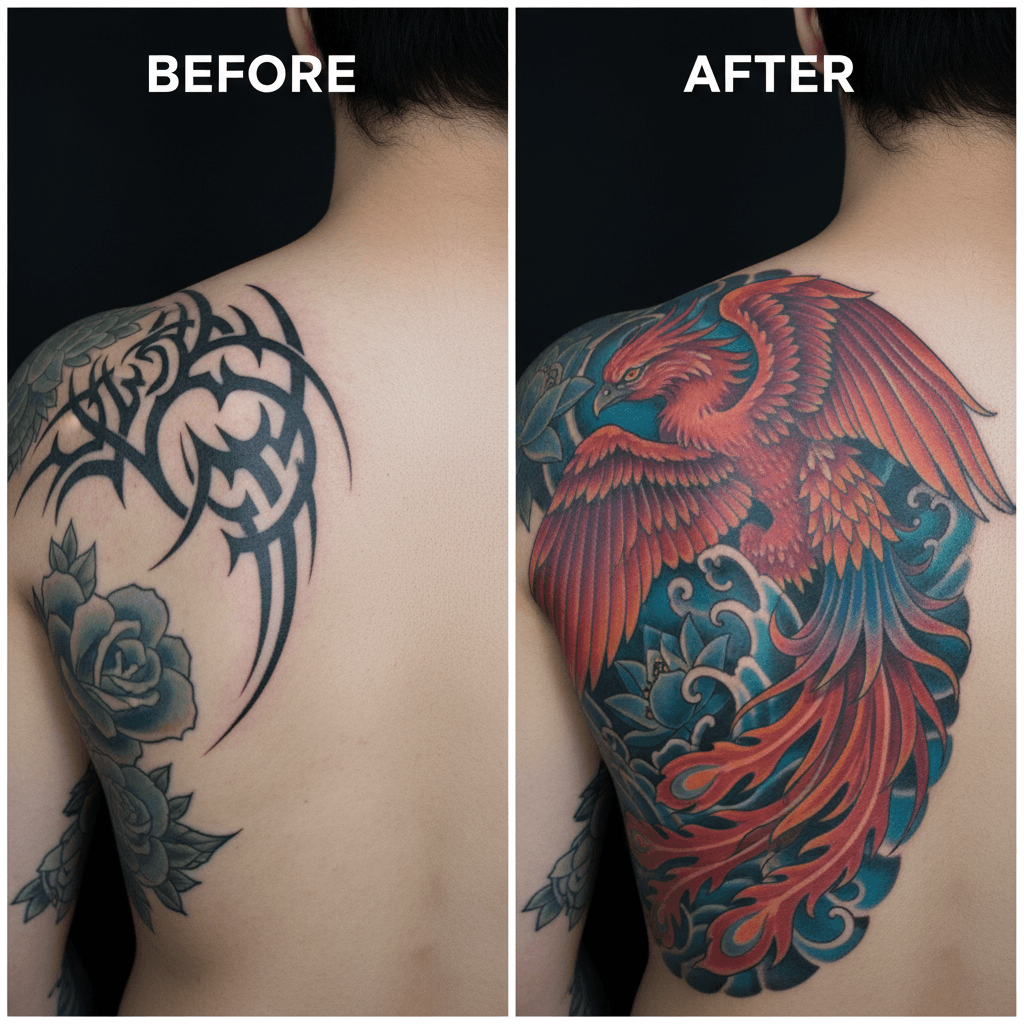 Cover-up tattoo completed work
