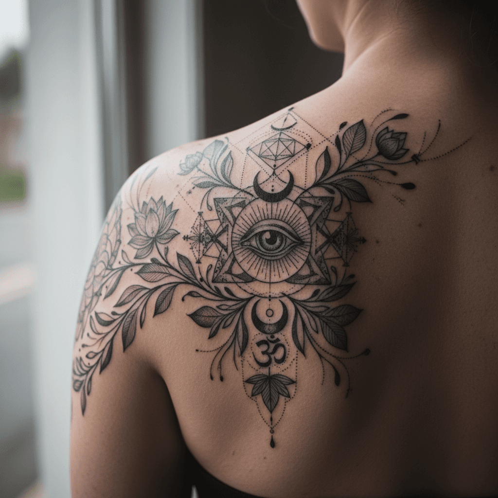 Detailed custom tattoo featuring intricate linework and spiritual symbolism on client's skin in natural light